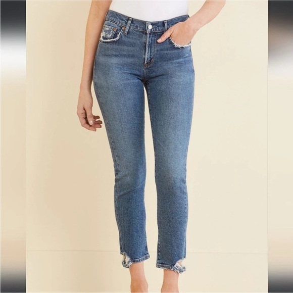 AGOLDE Toni Jeans Womens 25 Blue Straight Ankle Distressed Denim Mid Rise Medium - Picture 1 of 12